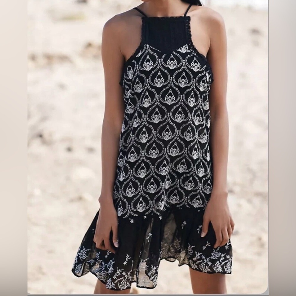Anthropologie Embroidered‎ Halter Mini Dress Black White Boho Lace XXS